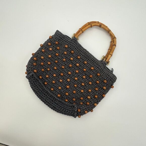 Crochet Handbag Black Beaded Bamboo Handle Boho Purse Zip Top Retro Bag Artisan - Picture 2 of 6